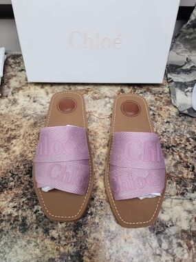Chloé Pink Logo Jacquard Slide Sandals with Tan Footbed